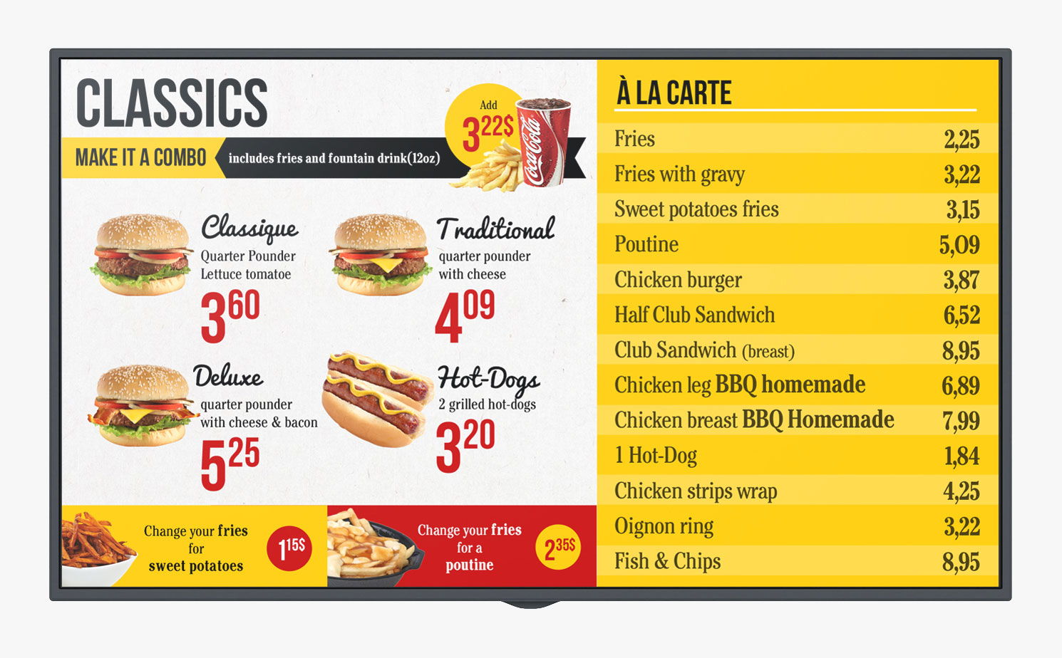 Classics digital menu board screen